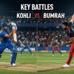 Key Battles Kohli vs Bumrah" text — analytics by 1xbet