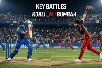 Key Battles Kohli vs Bumrah" text — analytics by 1xbet