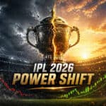 IPL 2026 power shift illustration with cracked trophy in stadium, showing transition from decline to growth with rising performance graph