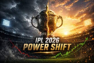 IPL 2026 power shift illustration with cracked trophy in stadium, showing transition from decline to growth with rising performance graph