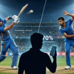 Cricketer hitting a ball, a bowler delivering, and a user silhouette checking live betting odds and stats on the 1xBet app, showing 70% win probability under stadium floodlights