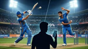 Cricketer hitting a ball, a bowler delivering, and a user silhouette checking live betting odds and stats on the 1xBet app, showing 70% win probability under stadium floodlights