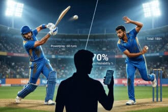 Cricketer hitting a ball, a bowler delivering, and a user silhouette checking live betting odds and stats on the 1xBet app, showing 70% win probability under stadium floodlights