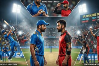 IPL 2026 Rivalries: CSK vs MI & Key Clashes. Detailed collage illustrating an epic cricket rivalry for IPL 2026, featured in a partnership article with 1xbet.