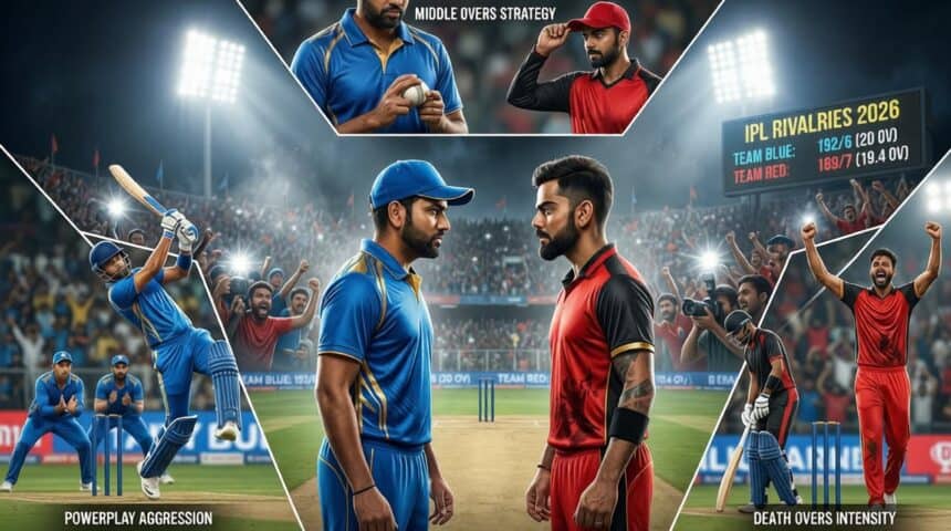 IPL 2026 Rivalries: CSK vs MI & Key Clashes. Detailed collage illustrating an epic cricket rivalry for IPL 2026, featured in a partnership article with 1xbet.