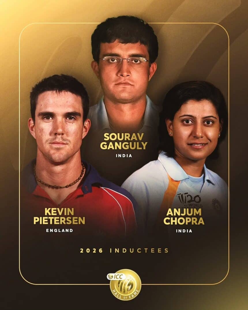Sourav Ganguly, Kevin Pietersen and Anjum Chopra in ICC Hall of Fame